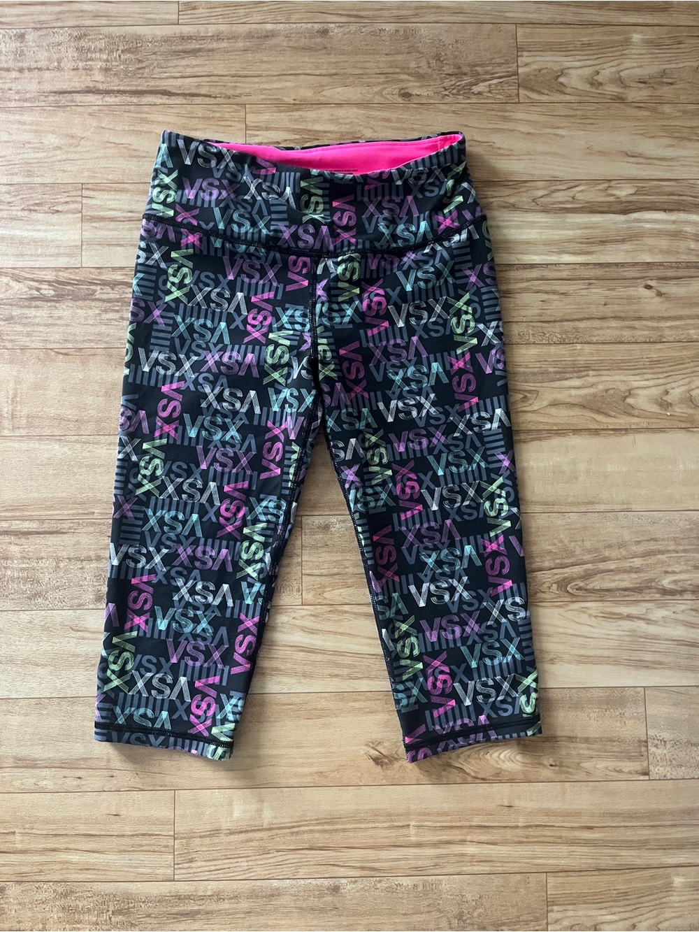 Victoria's Secret Black Capri Leggings with Multicolor Logo Print